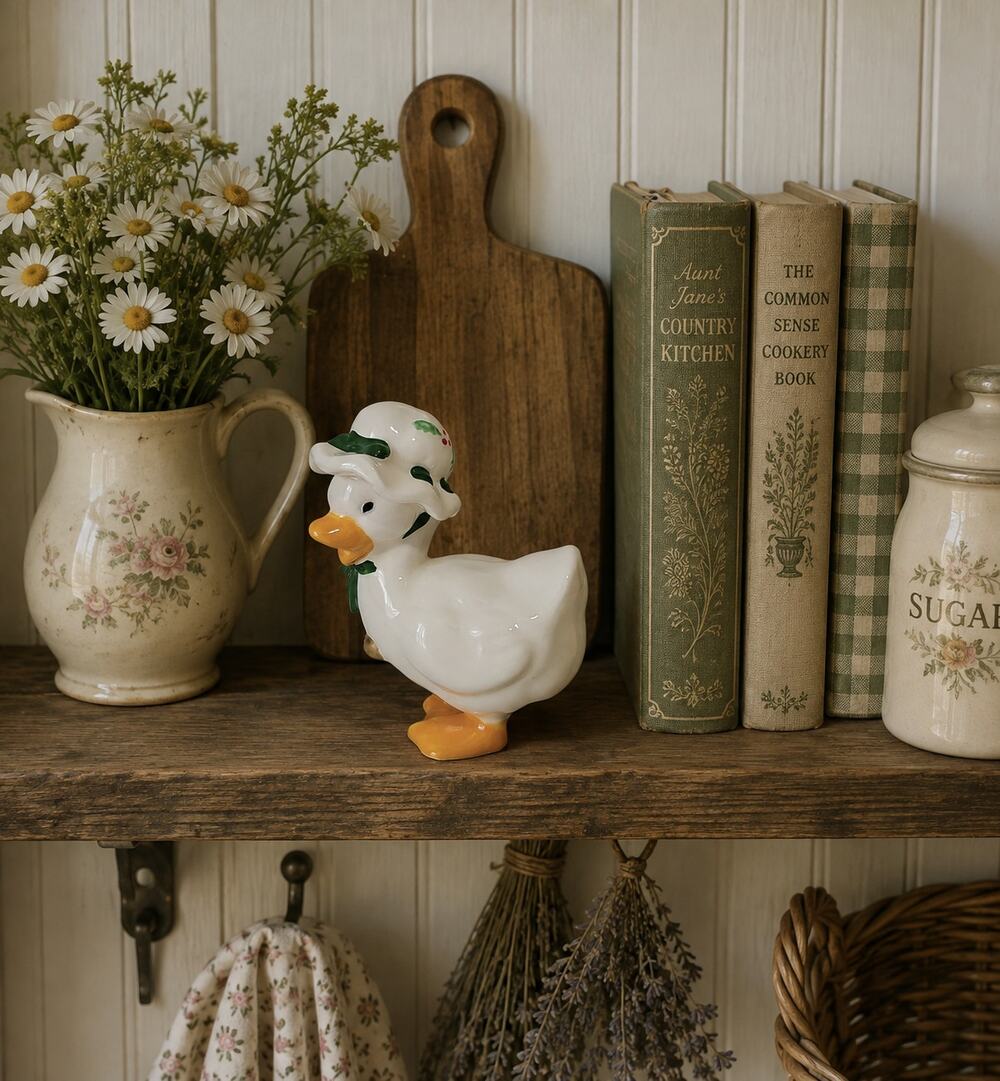 Vintage Enesco Christmas Ceramic Holly Goose with Bells Cottagecore
